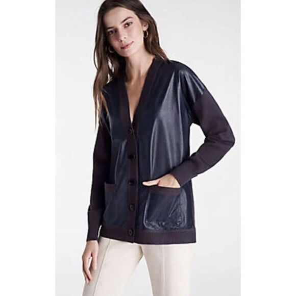 Ann Taylor Faux Leather Cardigan Sweater Womens Small Pockets Neutral‎ Blue - Picture 1 of 6